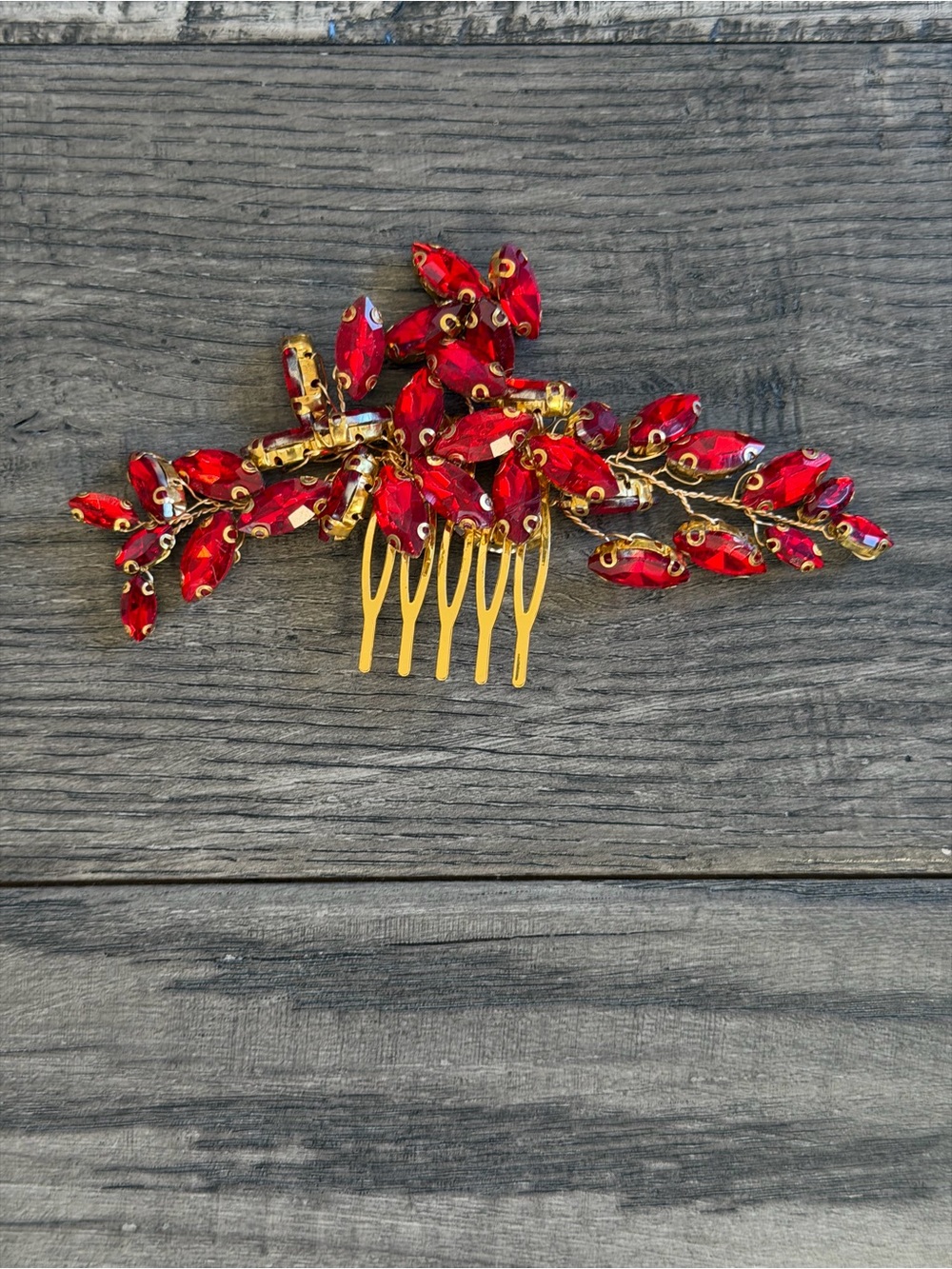 Gold-Tone Hair Comb with Red Crystal Leaves
